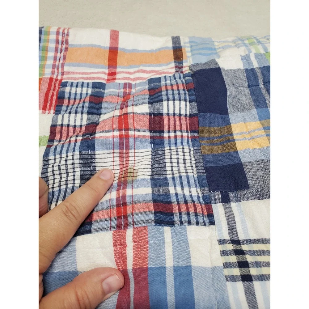 Pottery Barn Kids Blue White Multicolored Madras Plaid Twin Quilt Kidcore Retro